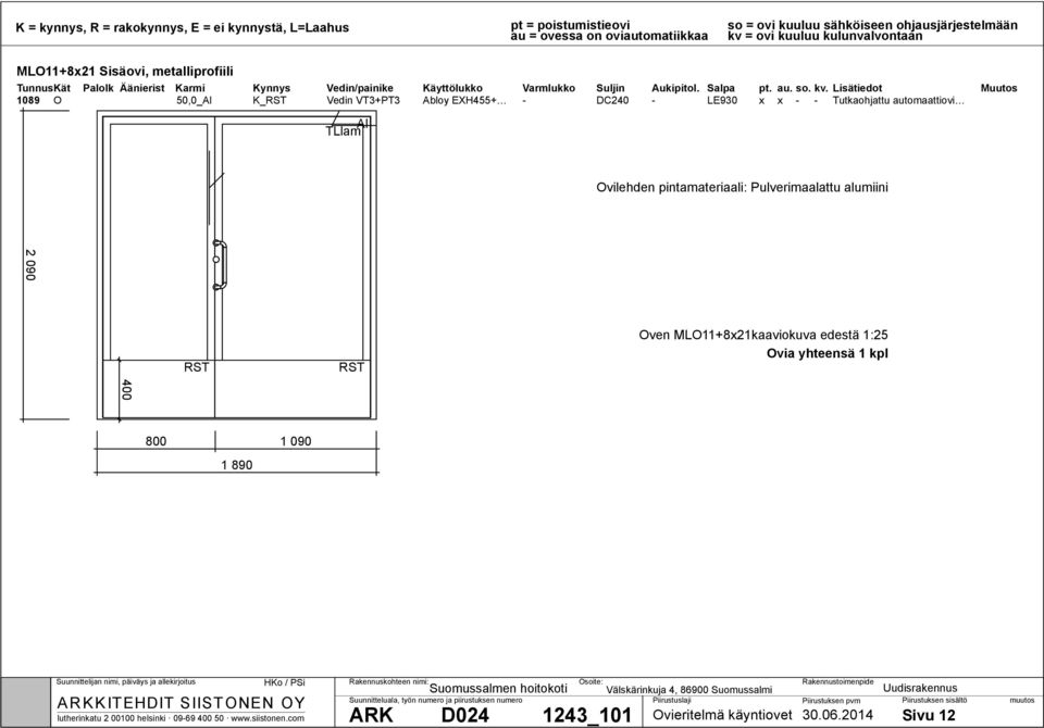 pintamateriaali: Pulverimaalattu alumiini 400 Oven MLO11+8x21kaaviokuva edestä