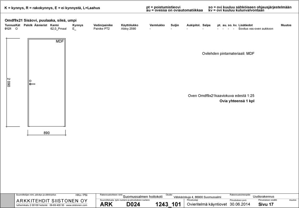 MDF Ovilehden pintamateriaali: MDF Oven Omdf9x21kaaviokuva edestä