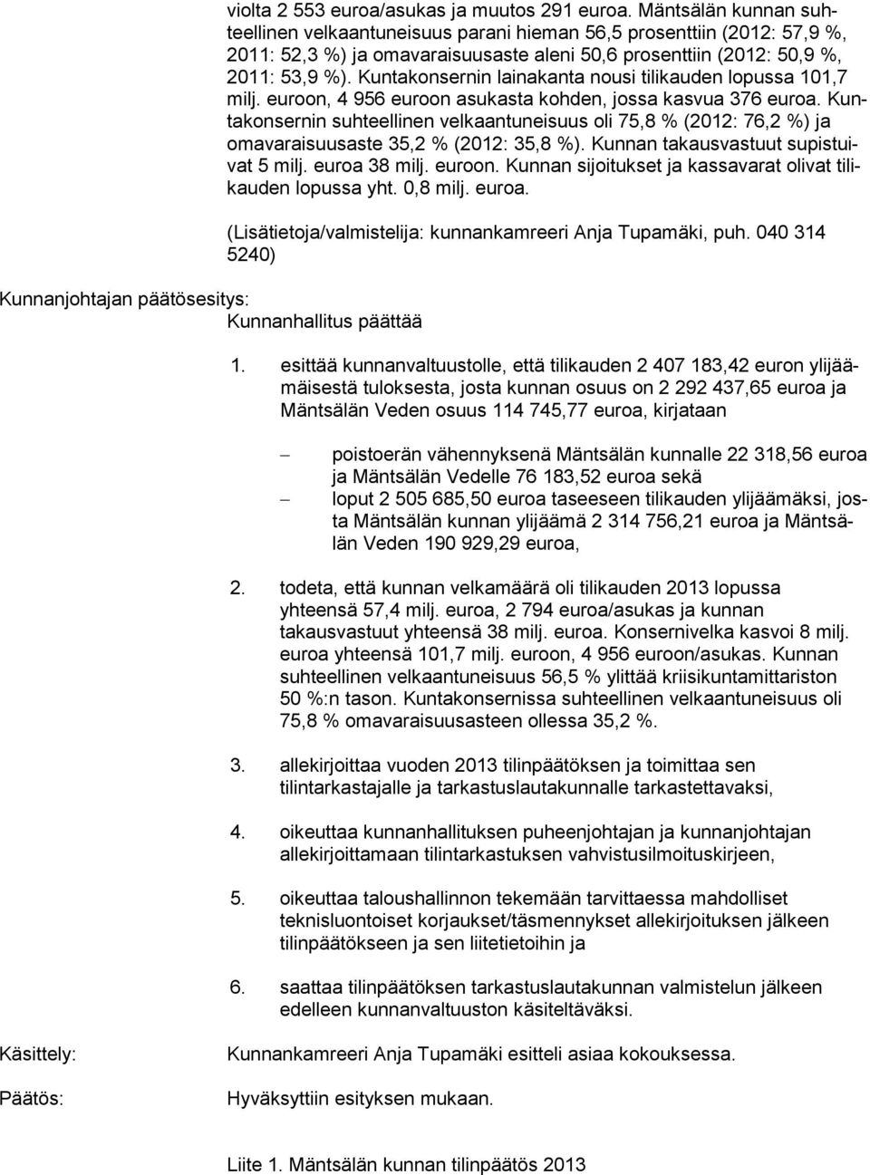 Kuntakonsernin lainakanta nousi ti li kau den lopussa 101,7 milj. euroon, 4 956 euroon asukasta kohden, jossa kasvua 376 euroa.