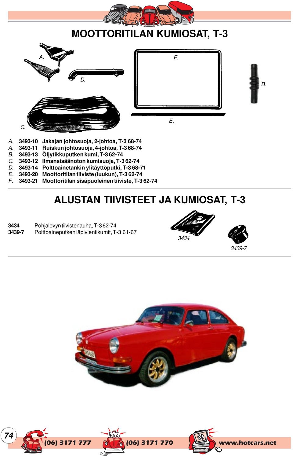 62-74 3493-12 Ilmansisäänoton kumisuoja, T-3 62-74 3493-14 Polttoainetankin ylitäyttöputki, T-3 68-71 E.