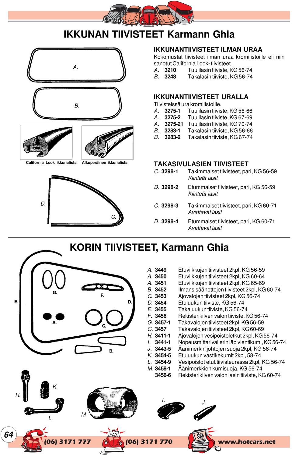 3275-1 Tuulilasin tiiviste, KG 56-66 3275-2 Tuulilasin tiiviste, KG 67-69 3275-21 Tuulilasin tiiviste, KG 70-74 3283-1 Takalasin tiiviste, KG 56-66 3283-2 Takalasin tiiviste, KG 67-74 California Look