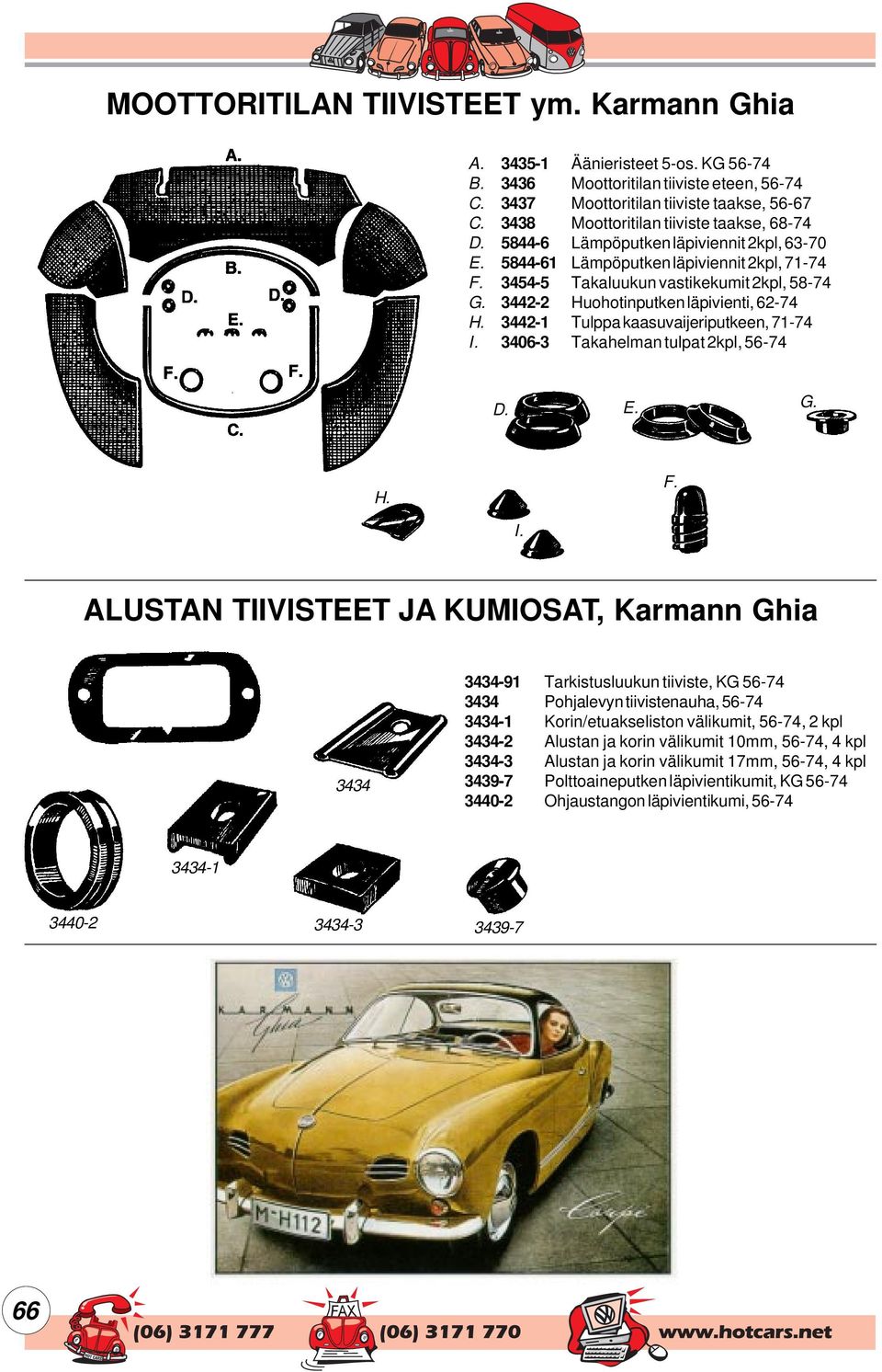 5844-61 Lämpöputken läpiviennit 2kpl, 71-74 F. 3454-5 Takaluukun vastikekumit 2kpl, 58-74 G. 3442-2 Huohotinputken läpivienti, 62-74 H. 3442-1 Tulppa kaasuvaijeriputkeen, 71-74 I.