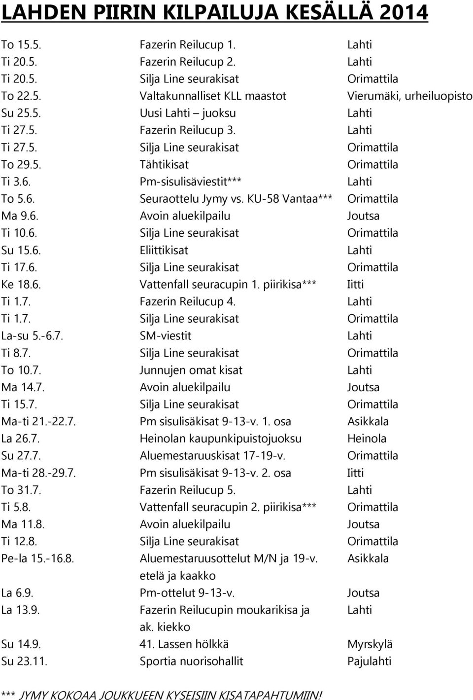 KU-58 Vantaa*** Orimattila Ma 9.6. Avoin aluekilpailu Joutsa Ti 10.6. Silja Line seurakisat Orimattila Su 15.6. Eliittikisat Lahti Ti 17.6. Silja Line seurakisat Orimattila Ke 18.6. Vattenfall seuracupin 1.