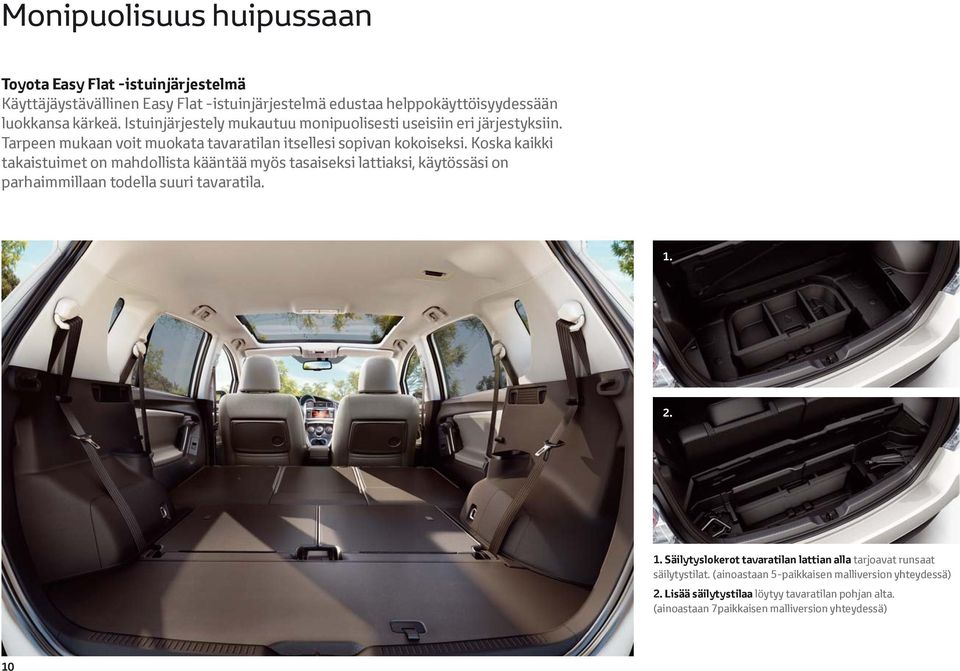 Koska kaikki takaistuimet on mahdollista kääntää myös tasaiseksi lattiaksi, käytössäsi on parhaimmillaan todella suuri tavaratila. 1.