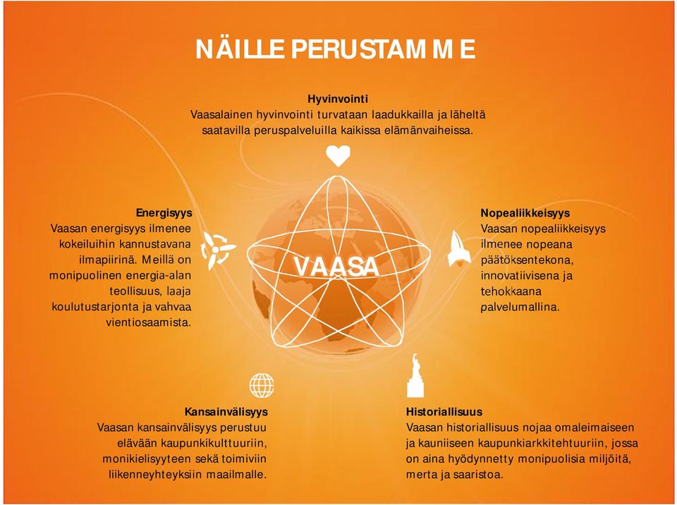 VAASA Nopealiikkeisyys Vaasan nopealiikkeisyys ilmenee nopeana päätöksentekona, innovatiivisena ja tehokkaana palvelumallina.