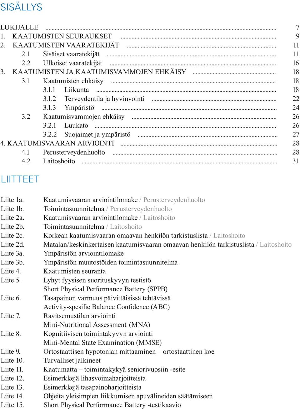 .. 27 4. KAATUMISVAARAN ARVIOINTI... 28 4.1 Perusterveydenhuolto... 28 4.2 Laitoshoito... 31 LIITTEET Liite 1a. Liite 1b. Liite 2a. Liite 2b. Liite 2c. Liite 2d. Liite 3a. Liite 3b. Liite 4. Liite 5.