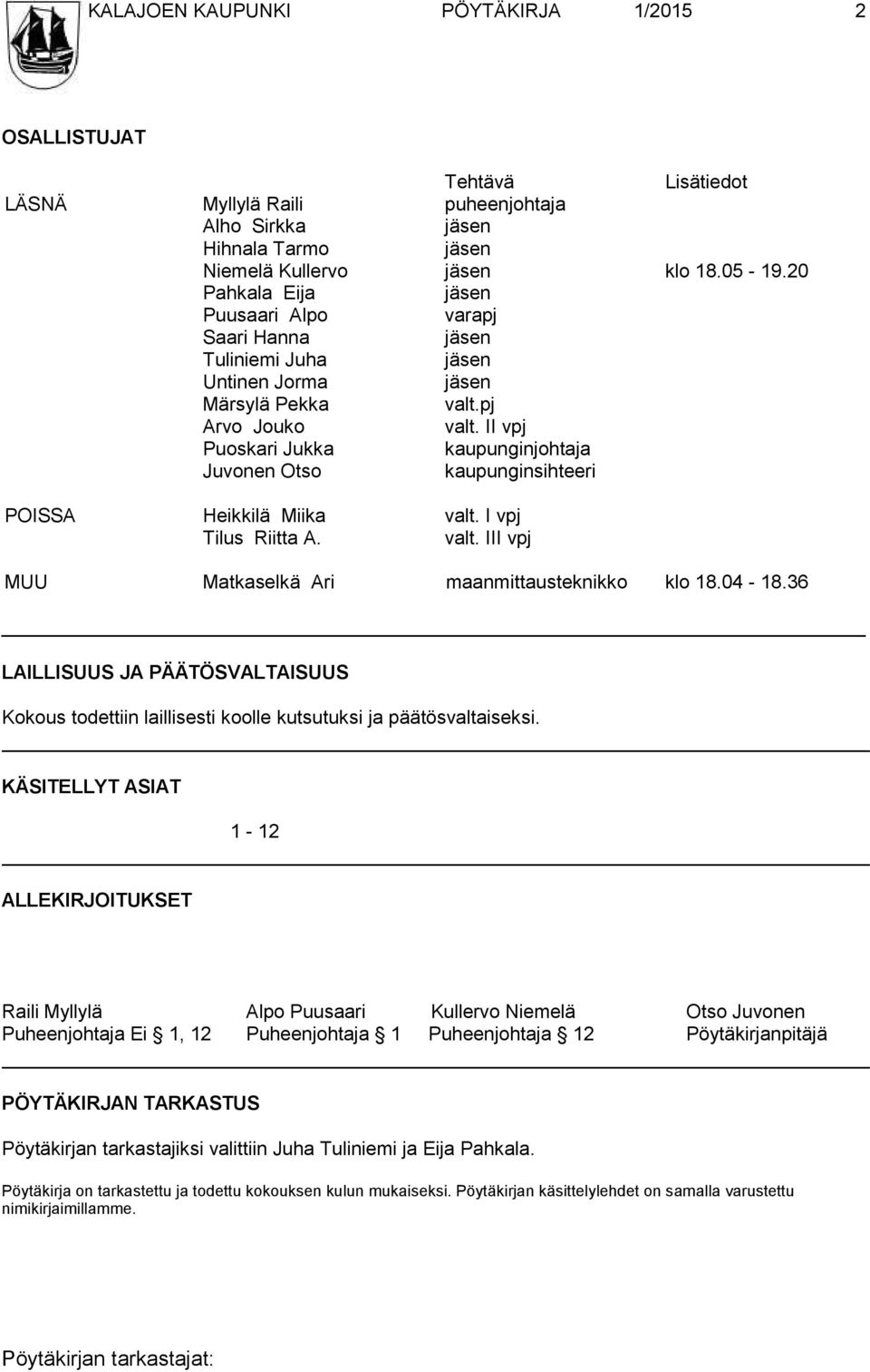 II vpj Puoskari Jukka kaupunginjohtaja Juvonen Otso kaupunginsihteeri POISSA Heikkilä Miika valt. I vpj Tilus Riitta A. valt. III vpj MUU Matkaselkä Ari maanmittausteknikko klo 18.04-18.
