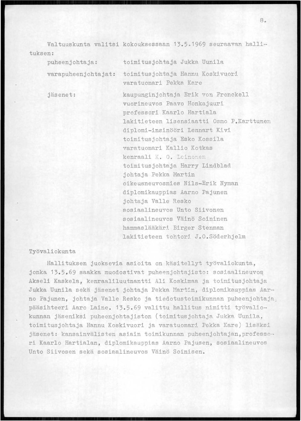Karttunen diplomi-insinööri Lennart Kivi toimitusjohtaja Esko Kossila varatuomari Kallio Kotkas kenraali A. O.
