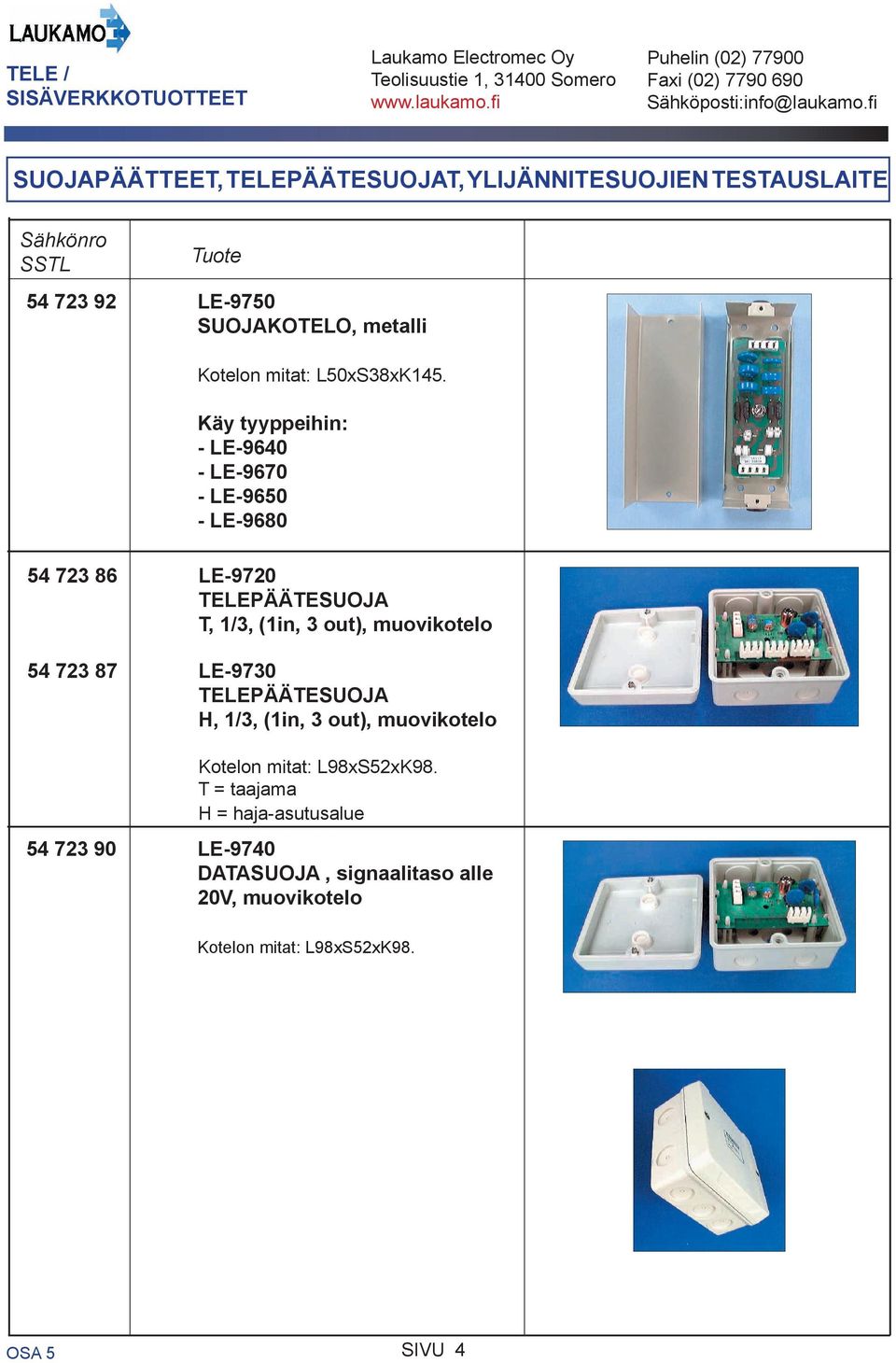 Käy tyyppeihin: - LE-9640 - LE-9670 - LE-9650 - LE-9680 54 723 86 LE-9720 TELEPÄÄTESUOJA T, 1/3, (1in, 3 out),