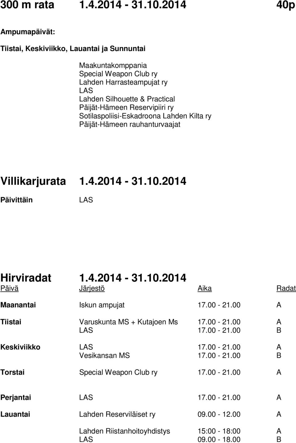 1.4.2014-31.10.2014 Päivittäin Hirviradat 1.4.2014-31.10.2014 Päivä Järjestö Aika Radat Maanantai Iskun ampujat 17.00-21.