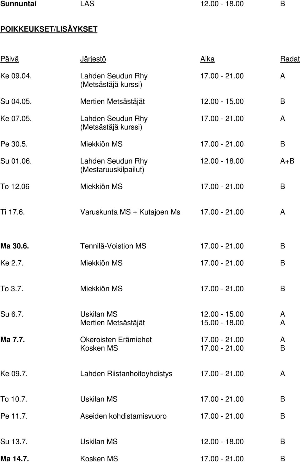 00-21.00 B Ke 2.7. Miekkiön MS 17.00-21.00 B To 3.7. Miekkiön MS 17.00-21.00 B Su 6.7. Uskilan MS 12.00-15.00 A Mertien Metsästäjät 15.00-18.00 A Ma 7.7. Okeroisten Erämiehet 17.00-21.00 A Kosken MS 17.