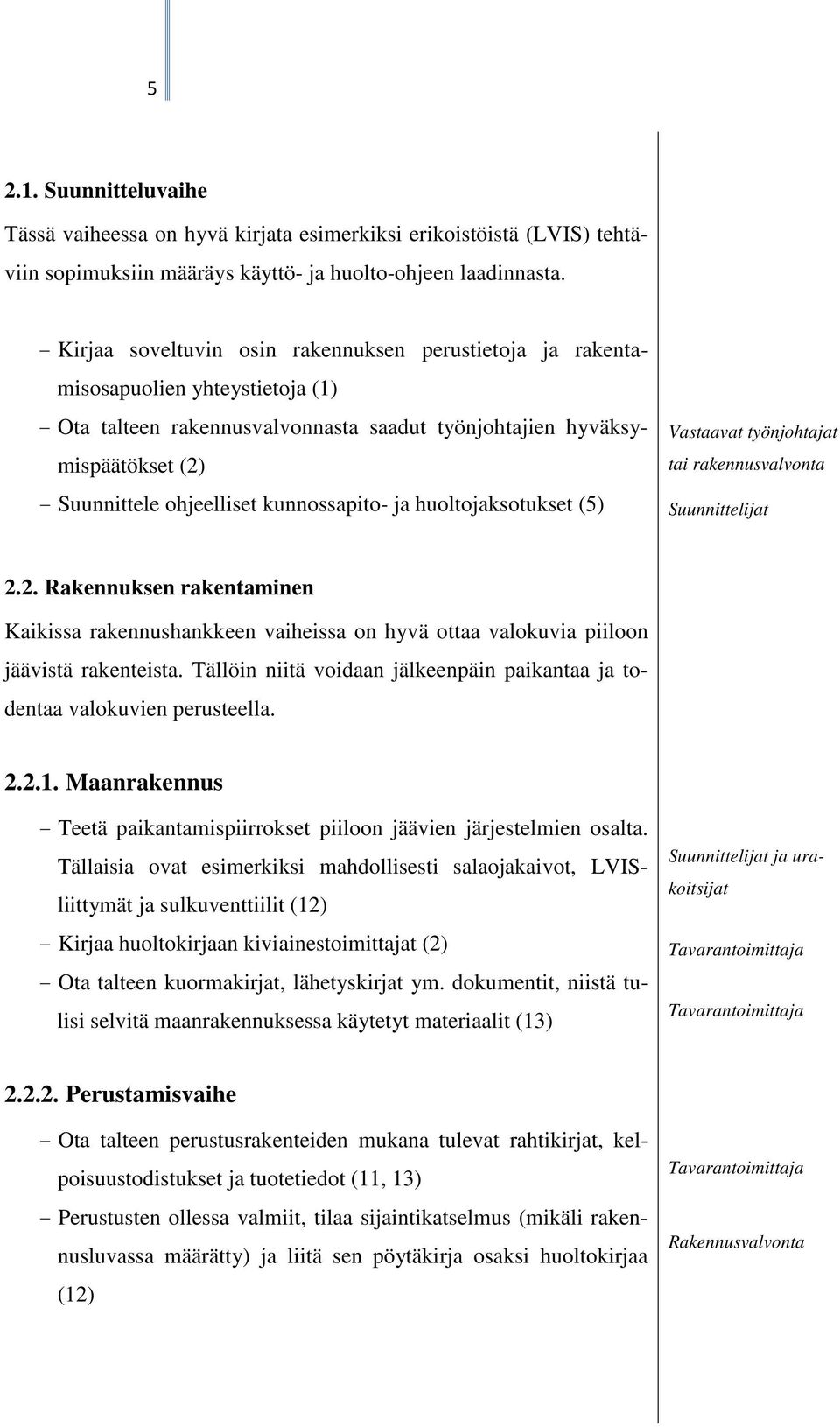 kunnossapito- ja huoltojaksotukset (5) Vastaavat työnjohtajat tai rakennusvalvonta Suunnittelijat 2.