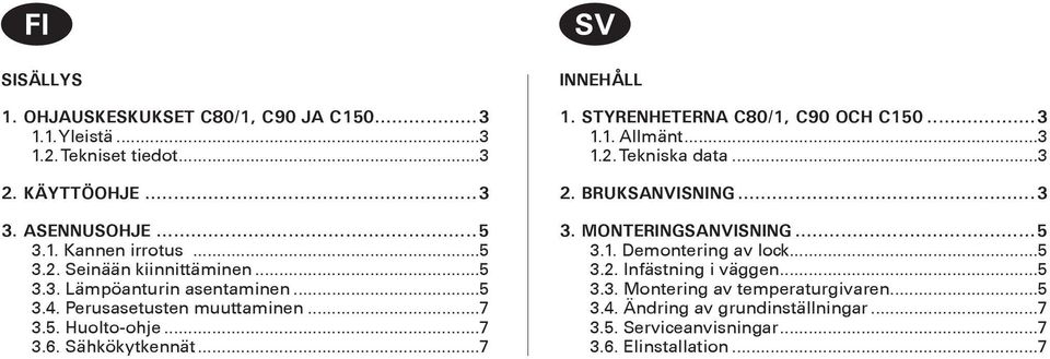 STYRENHETERNA C80/1, C90 OCH C150...3 1.1. Allmänt...3 1.2. Tekniska data...3 2. BRUKSANVISNING...3 3. MONTERINGSANVISNING...5 3.1. Demontering av lock...5 3.2. Infästning i väggen.