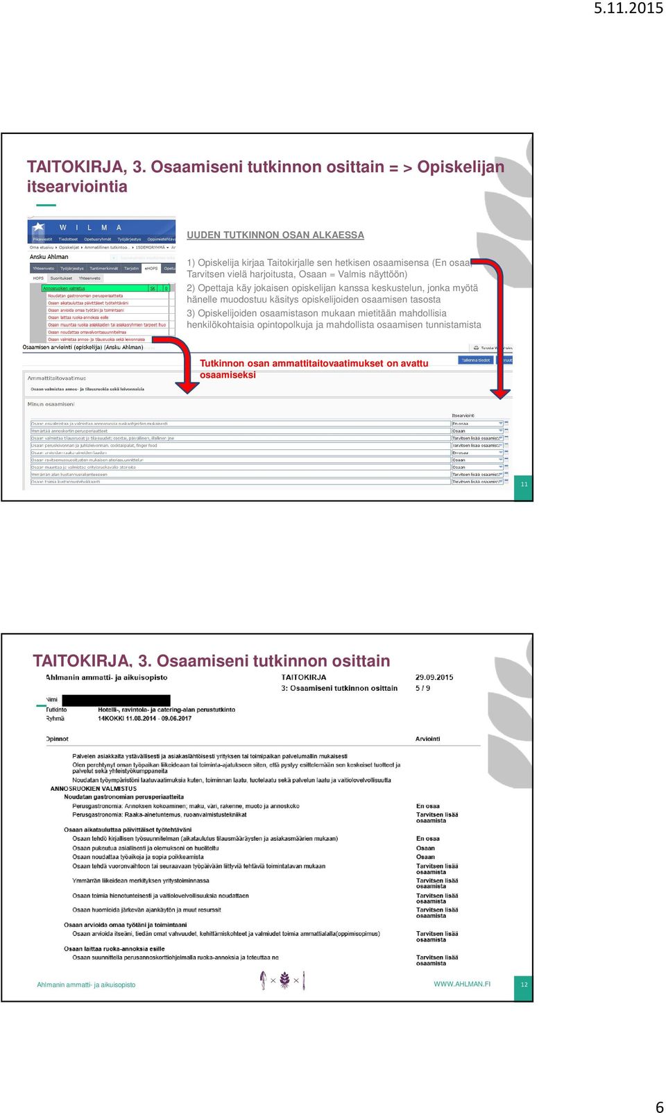 (En osaa, Tarvitsen vielä harjoitusta, Osaan = Valmis näyttöön) 2) Opettaja käy jokaisen opiskelijan kanssa keskustelun, jonka myötä hänelle muodostuu