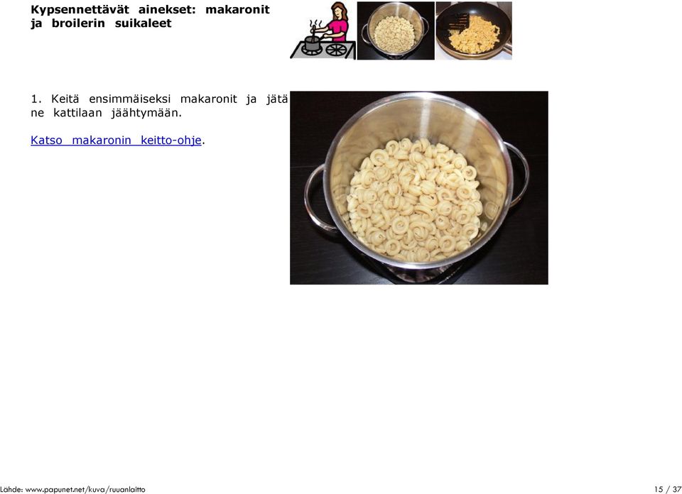 ainekset: makaronit ja broilerin suikaleet 1.