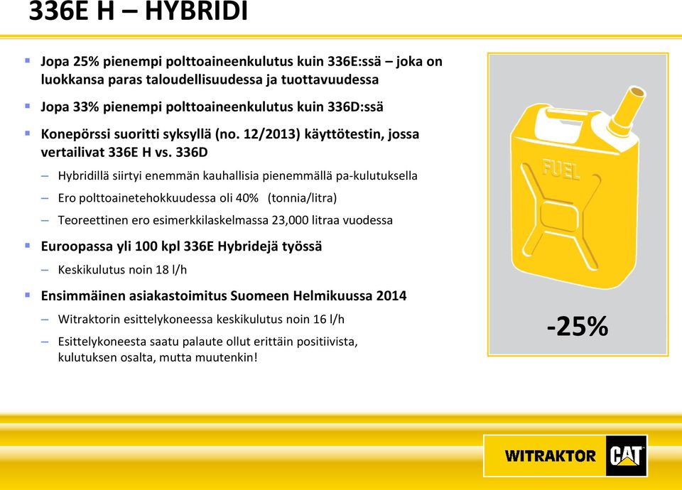 336D Hybridillä siirtyi enemmän kauhallisia pienemmällä pa-kulutuksella Ero polttoainetehokkuudessa oli 40% (tonnia/litra) Teoreettinen ero esimerkkilaskelmassa 23,000 litraa