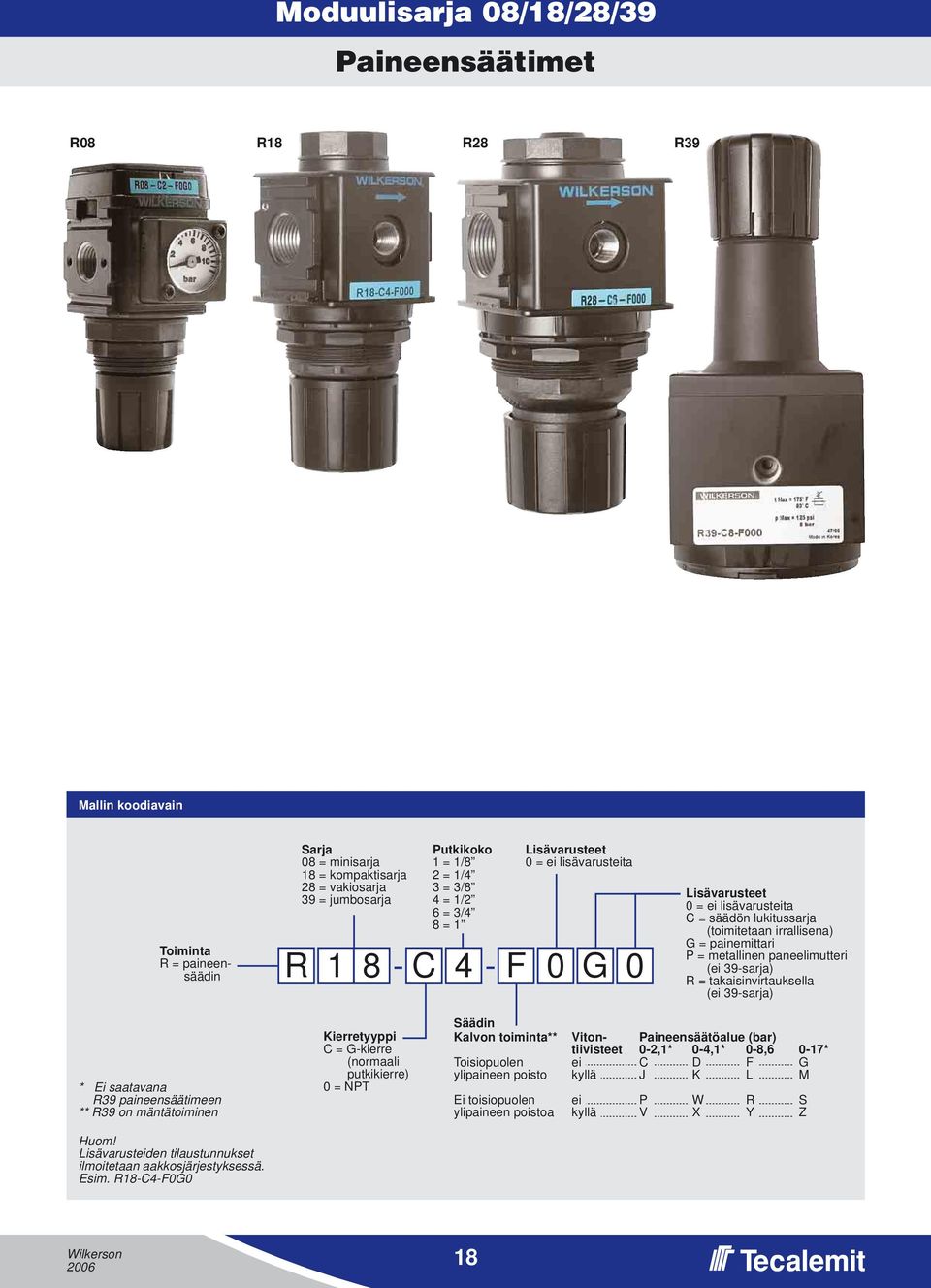 paneelimutteri (ei 39-sarja) R = takaisinvirtauksella (ei 39-sarja) * Ei saatavana R39 paineensäätimeen ** R39 on mäntätoiminen Kierretyyppi = G-kierre (normaali putkikierre) 0 = NPT Säädin Kalvon