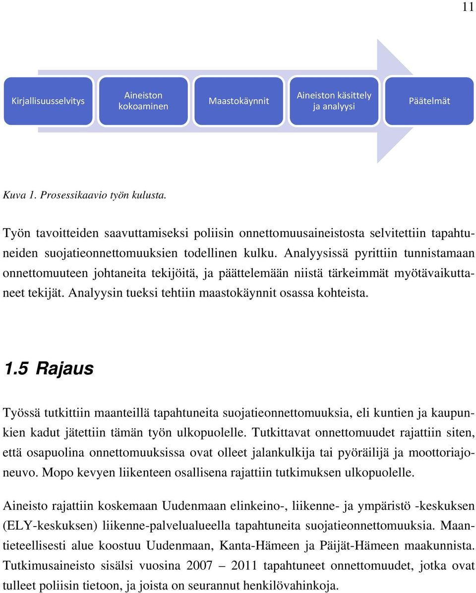 Analyysissä pyrittiin tunnistamaan onnettomuuteen johtaneita tekijöitä, ja päättelemään niistä tärkeimmät myötävaikuttaneet tekijät. Analyysin tueksi tehtiin maastokäynnit osassa kohteista. 1.