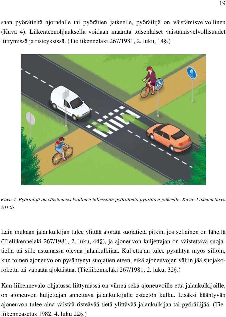 Pyöräilijä on väistämisvelvollinen tullessaan pyörätieltä pyörätien jatkeelle. Kuva: Liikenneturva 2012b.