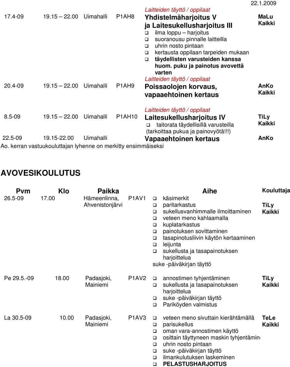 varusteiden kanssa huom. puku ja painotus avovettä varten / oppilaat 20.4-09 19.15 22.00 Uimahalli P1AH9 Poissaolojen korvaus, vapaaehtoinen kertaus / oppilaat 8.5-09 19.15 22.00 Uimahalli P1AH10 Laitesukellusharjoitus IV taitorata täydellisillä varusteilla (tarkoittaa pukua ja painovyötä!