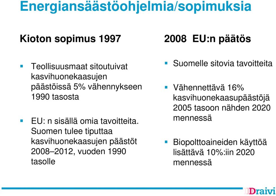 Suomen tulee tiputtaa kasvihuonekaasujen päästöt 2008 2012, vuoden 1990 tasolle 2008 EU:n päätös Suomelle