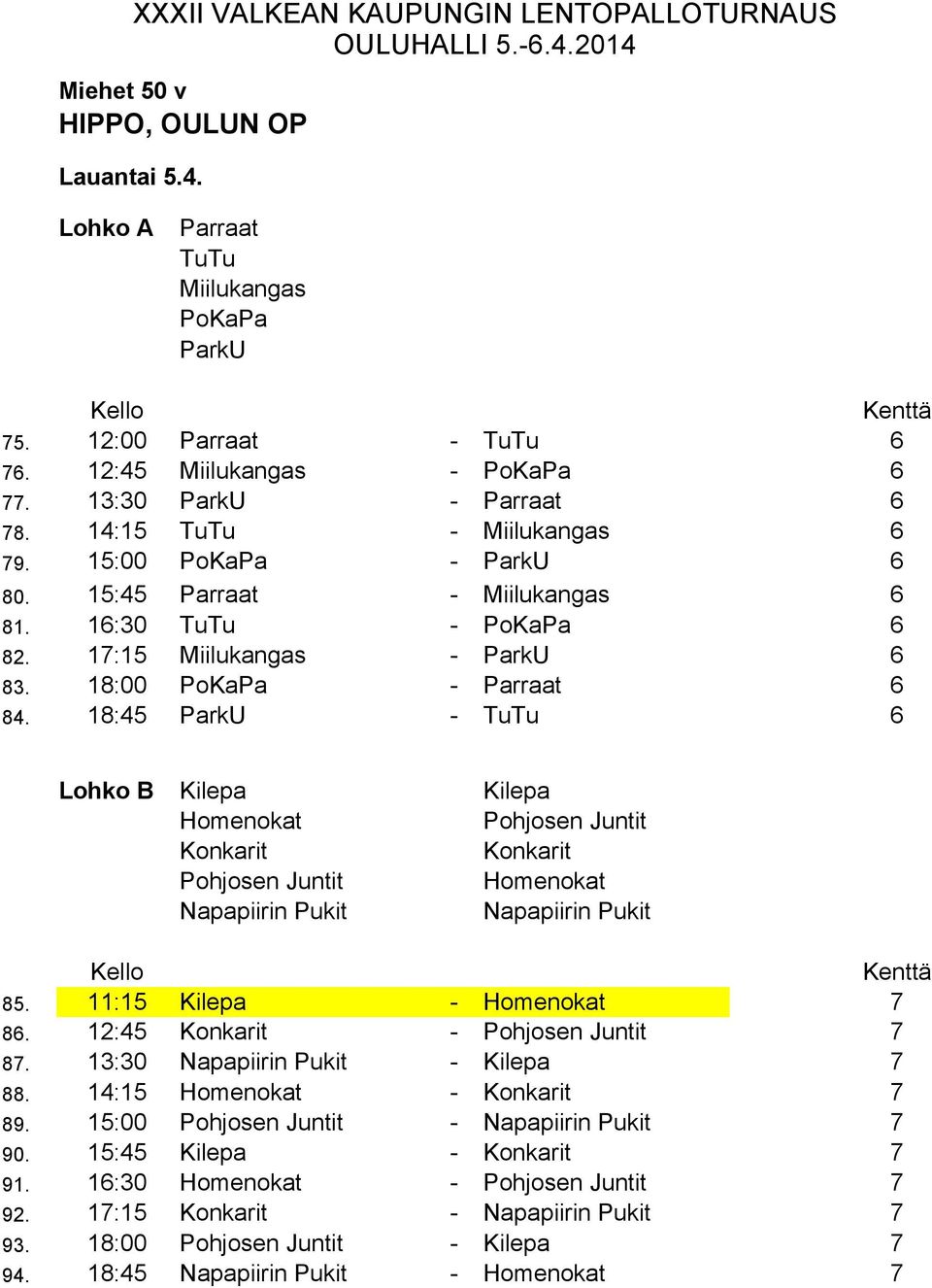 18:45 ParkU - TuTu 1 Lohko B Kilepa Homenokat Kilepa Pohjosen Juntit Konkarit Konkarit 4 Pohjosen Juntit Homenokat 5 Napapiirin Pukit Napapiirin Pukit 85. 11:15 Kilepa - Homenokat 7 8.