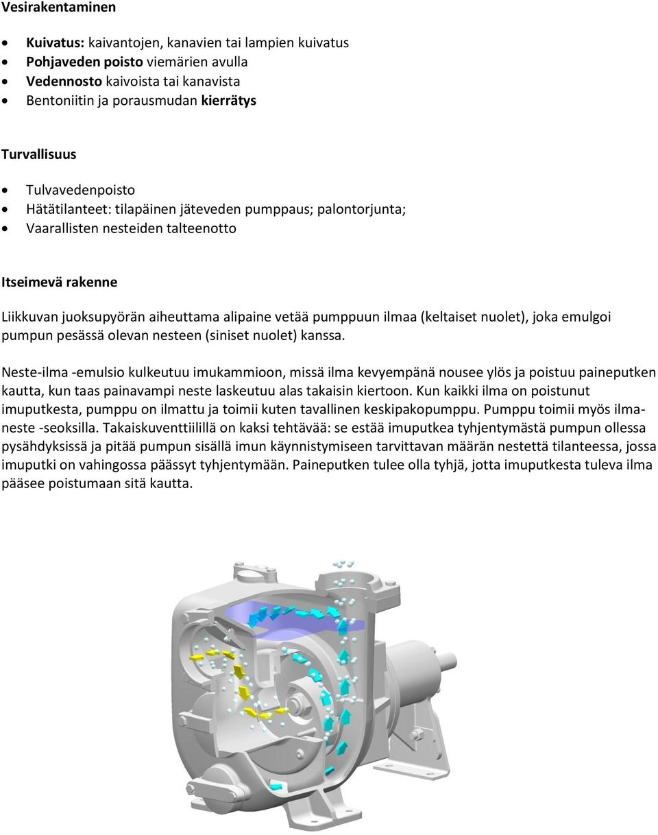 (keltaiset nuolet), joka emulgoi pumpun pesässä olevan nesteen (siniset nuolet) kanssa.