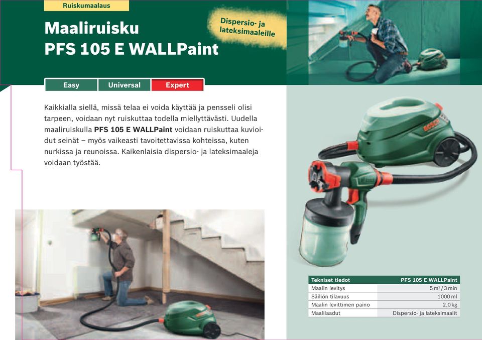 Uudella maaliruiskulla PFS 105 E WALLPaint voidaan ruiskuttaa kuvioidut seinät myös vaikeasti tavoitettavissa kohteissa, kuten nurkissa ja