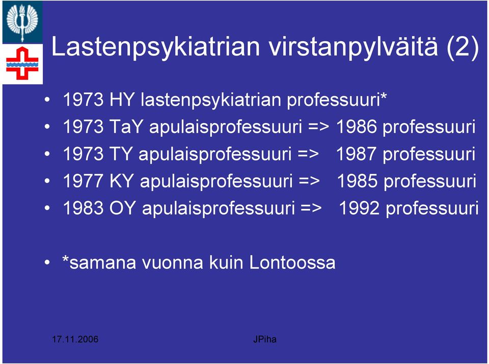 apulaisprofessuuri => 1987 professuuri 1977 KY apulaisprofessuuri => 1985
