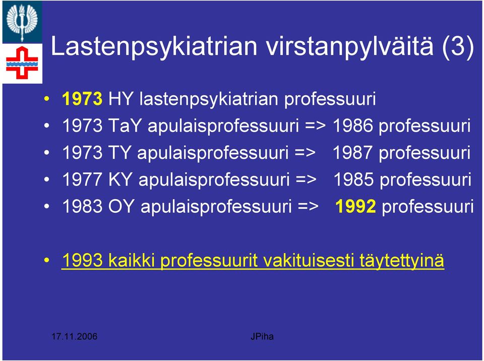 1987 professuuri 1977 KY apulaisprofessuuri => 1985 professuuri 1983 OY
