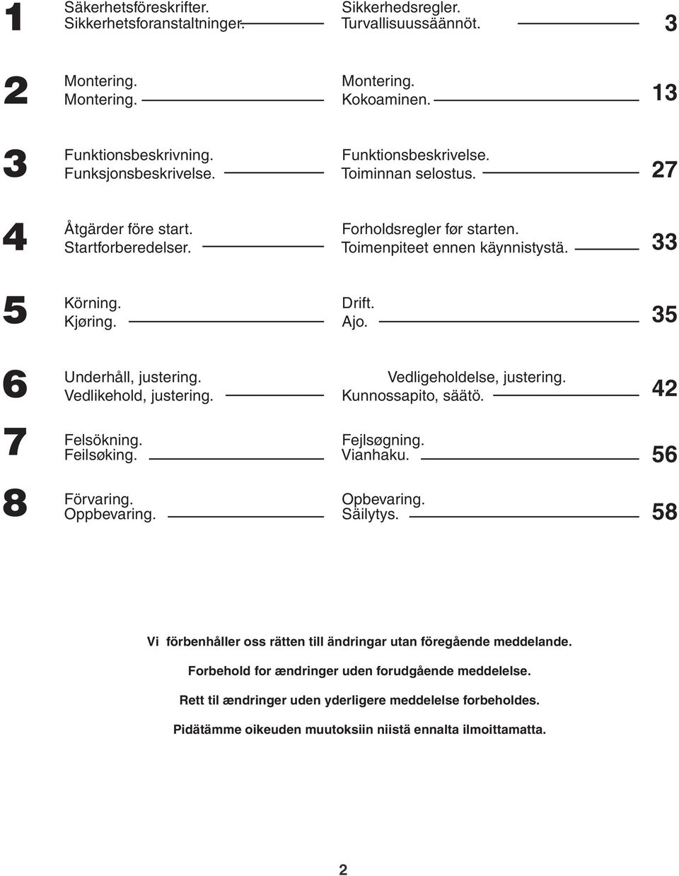 Vedlikehold, justering. Vedligeholdelse, justering. Kunnossapito, säätö. 4 7 Felsökning. Feilsøking. Fejlsøgning. Vianhaku. 56 8 Förvaring. Oppbevaring. Opbevaring. Säilytys.