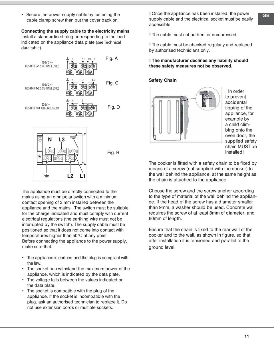 5 CEI-UNEL 35363 NL 1L 2L 3 Fig. A! Once the appliance has been installed, the power supply cable and the electrical socket must be easily accessible.! The cable must not be bent or compressed.