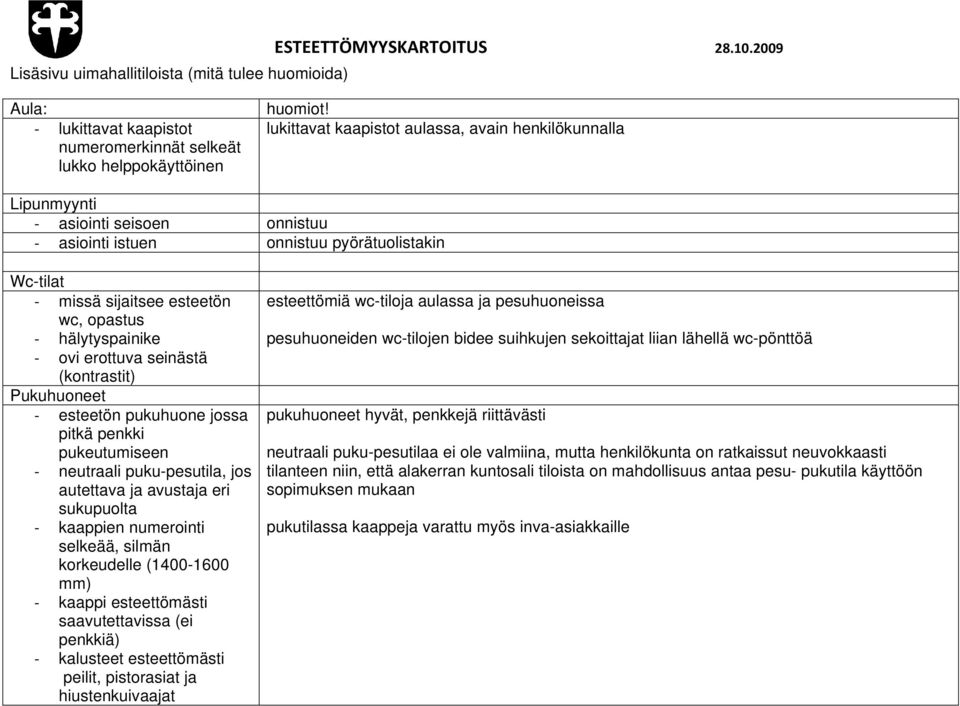 erottuva seinästä (kontrastit) Pukuhuoneet esteetön pukuhuone jossa pitkä penkki pukeutumiseen neutraali puku-pesutila, jos autettava ja avustaja eri sukupuolta kaappien numerointi selkeää, silmän