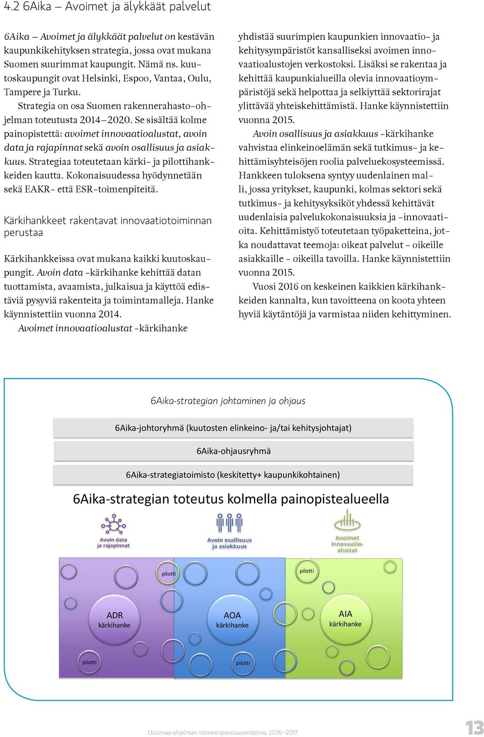 Se sisältää kolme painopistettä: avoimet innovaatioalustat, avoin data ja rajapinnat sekä avoin osallisuus ja asiakkuus. Strategiaa toteutetaan kärki- ja pilottihankkeiden kautta.