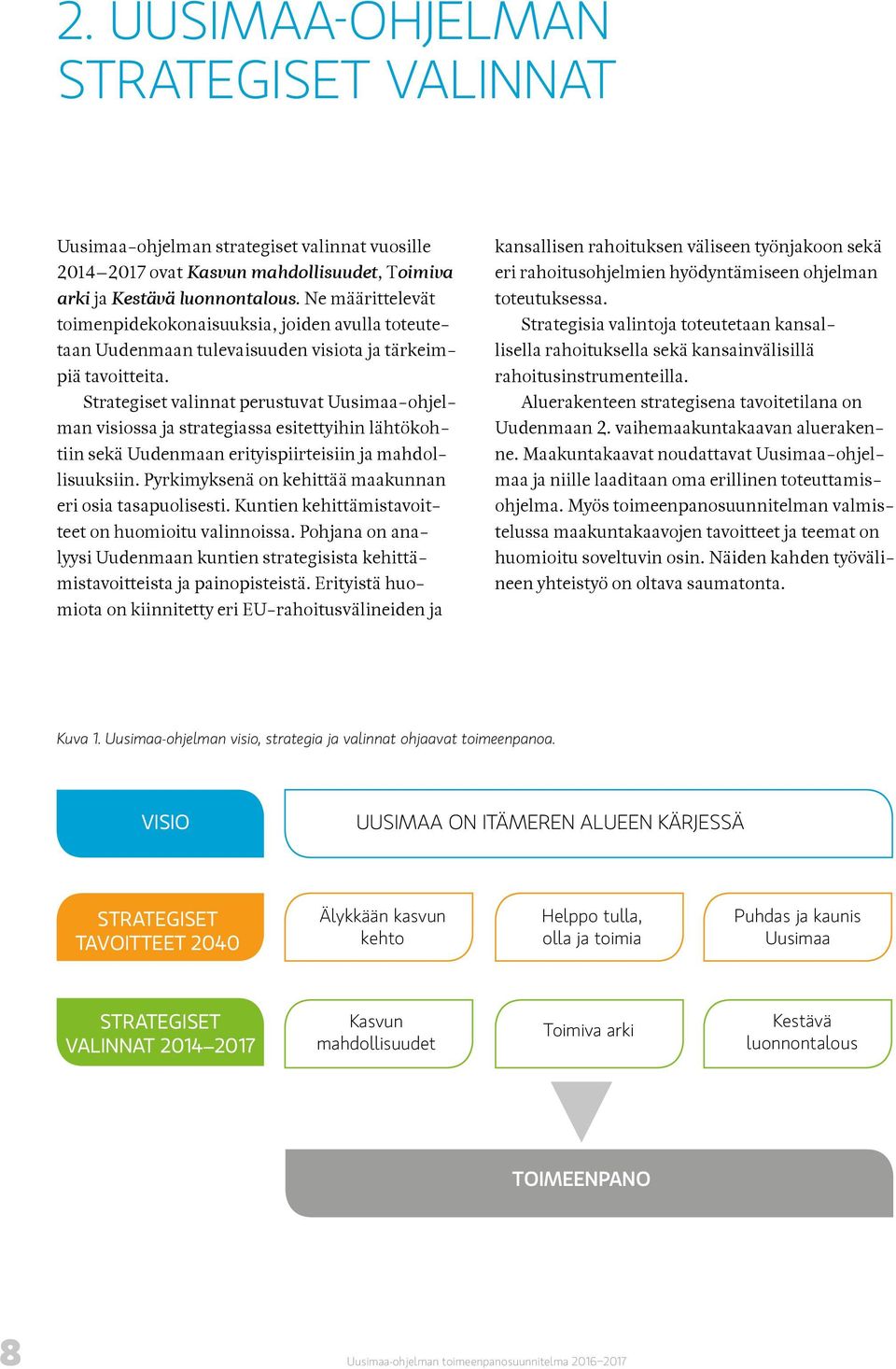 Strategiset valinnat perustuvat Uusimaa-ohjelman visiossa ja strategiassa esitettyihin lähtökohtiin sekä Uudenmaan erityispiirteisiin ja mahdollisuuksiin.