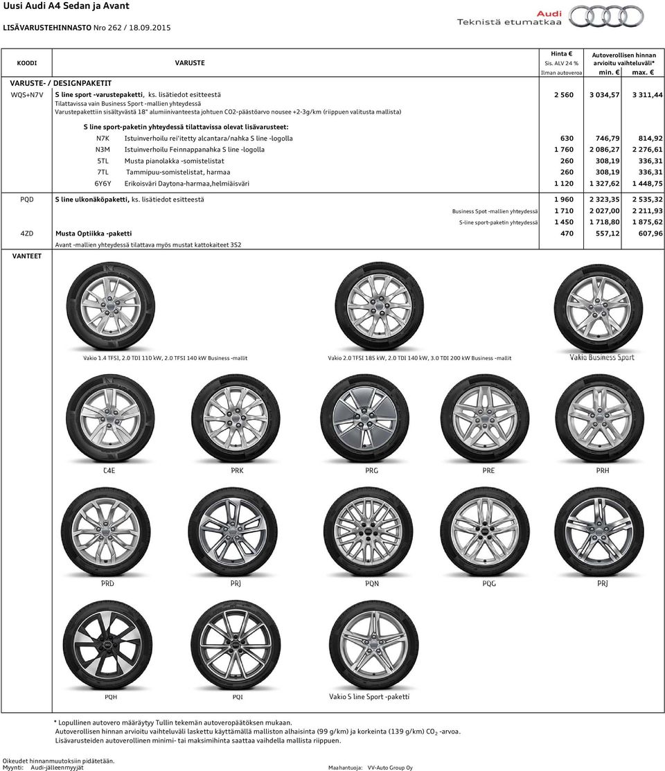 valitusta mallista) S line sport-paketin yhteydessä tilattavissa olevat lisävarusteet: N7K Istuinverhoilu rei'itetty alcantara/nahka S line -logolla 630 746,79 814,92 N3M Istuinverhoilu