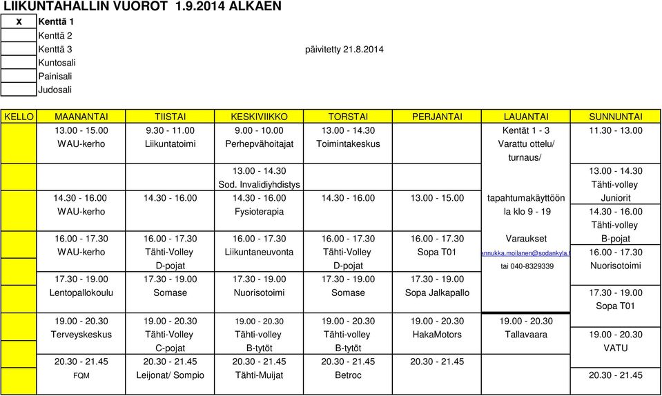 00 tapahtumakäyttöön Juniorit WAU-kerho Fysioterapia la klo 9-19 14.30-16.00 Tähti-volley 16.00-17.30 16.00-17.30 16.00-17.30 16.00-17.30 16.00-17.30 Varaukset B-pojat WAU-kerho Tähti-Volley Liikuntaneuvonta Tähti-Volley Sopa T01 annukka.