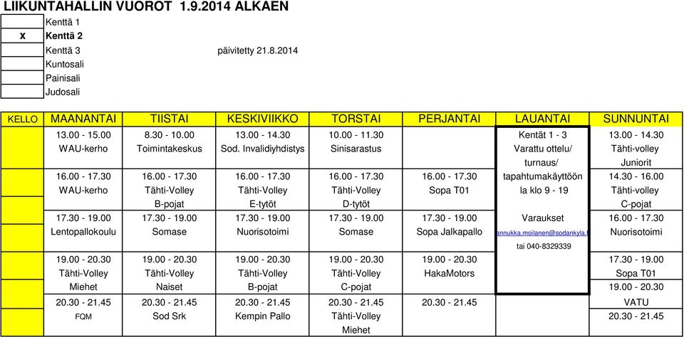 00 Juniorit WAU-kerho Tähti-Volley Tähti-Volley Tähti-Volley Sopa T01 la klo 9-19 Tähti-volley B-pojat E-tytöt D-tytöt C-pojat 17.30-19.00 17.30-19.00 17.30-19.00 17.30-19.00 17.30-19.00 Varaukset 16.