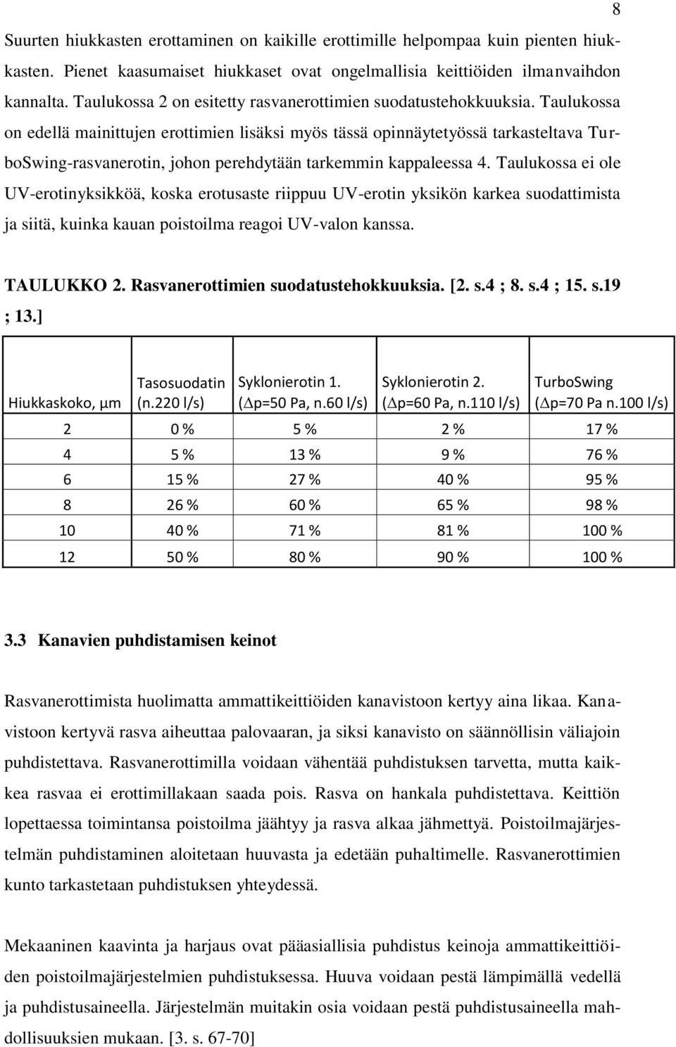 Taulukossa on edellä mainittujen erottimien lisäksi myös tässä opinnäytetyössä tarkasteltava TurboSwing-rasvanerotin, johon perehdytään tarkemmin kappaleessa 4.