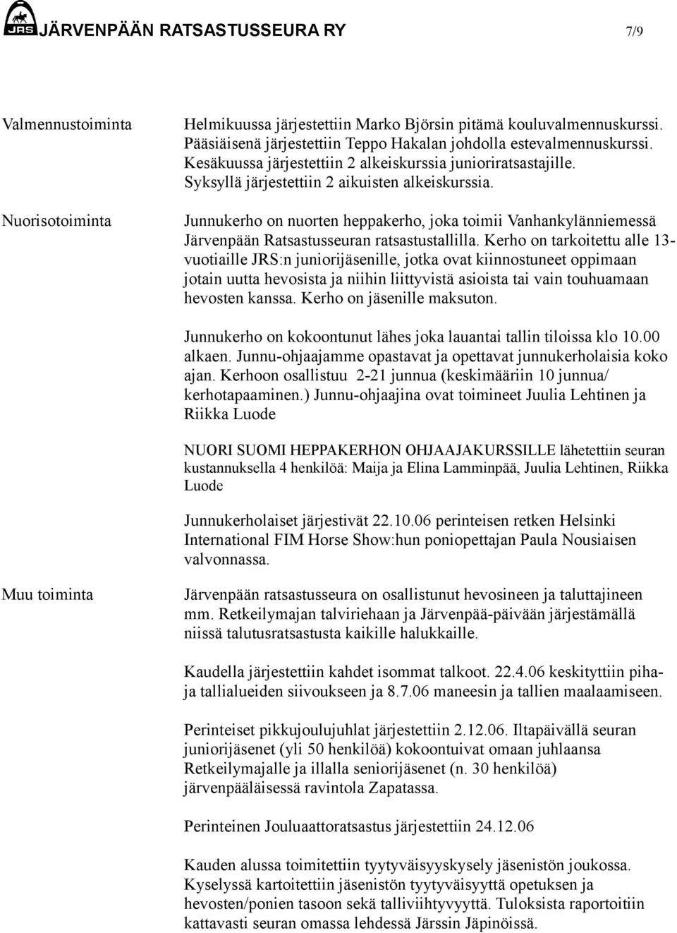 Junnukerho on nuorten heppakerho, joka toimii Vanhankylänniemessä Järvenpään Ratsastusseuran ratsastustallilla.