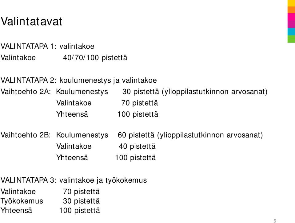 pistettä Vaihtoehto 2B: Koulumenestys Valintakoe Yhteensä 60 pistettä (ylioppilastutkinnon arvosanat) 40 pistettä