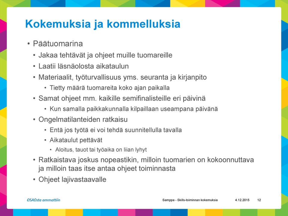 kaikille semifinalisteille eri päivinä Kun samalla paikkakunnalla kilpaillaan useampana päivänä Ongelmatilanteiden ratkaisu Entä jos työtä ei voi tehdä