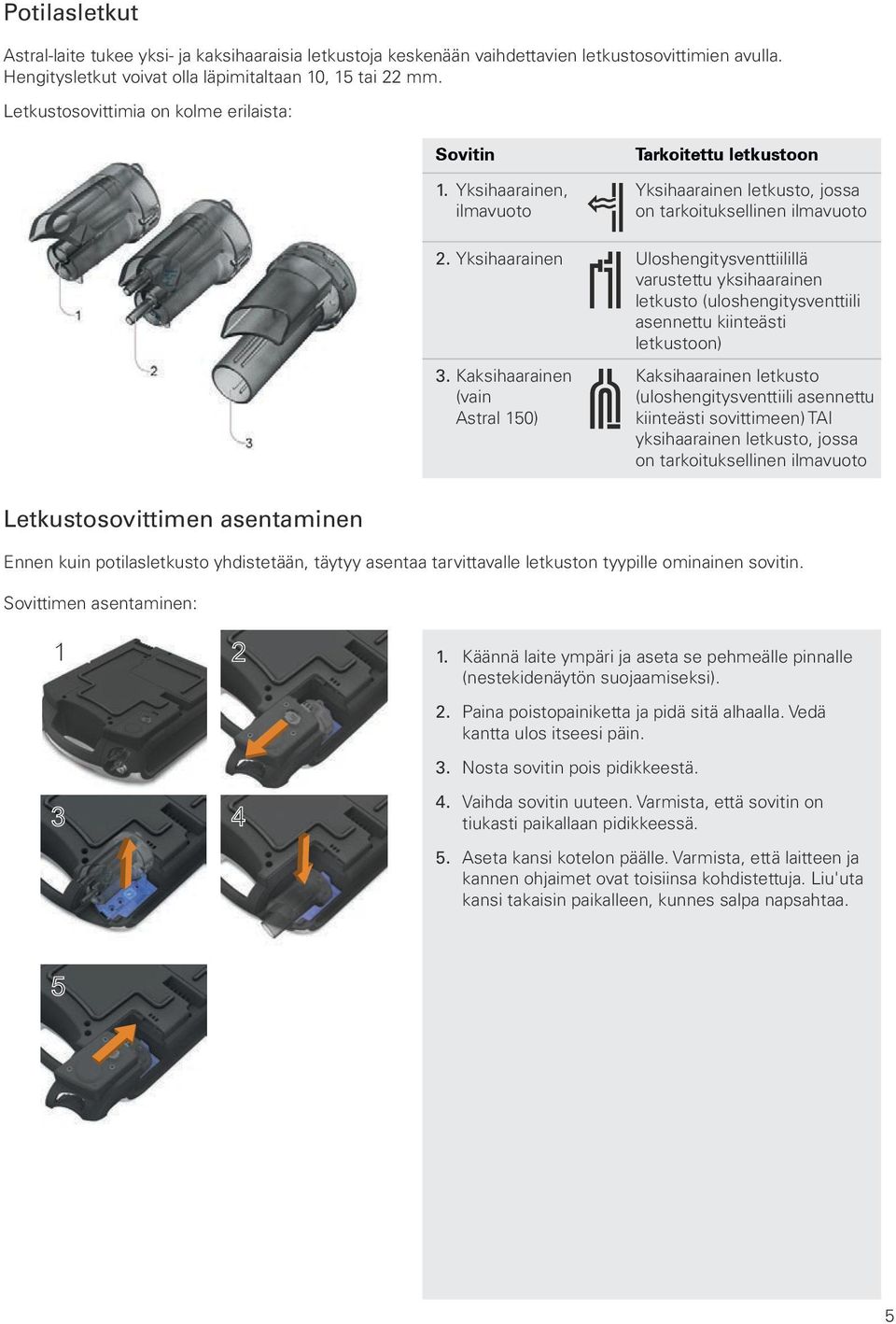 Yksihaarainen Uloshengitysventtiilillä varustettu yksihaarainen letkusto (uloshengitysventtiili asennettu kiinteästi letkustoon) 3.