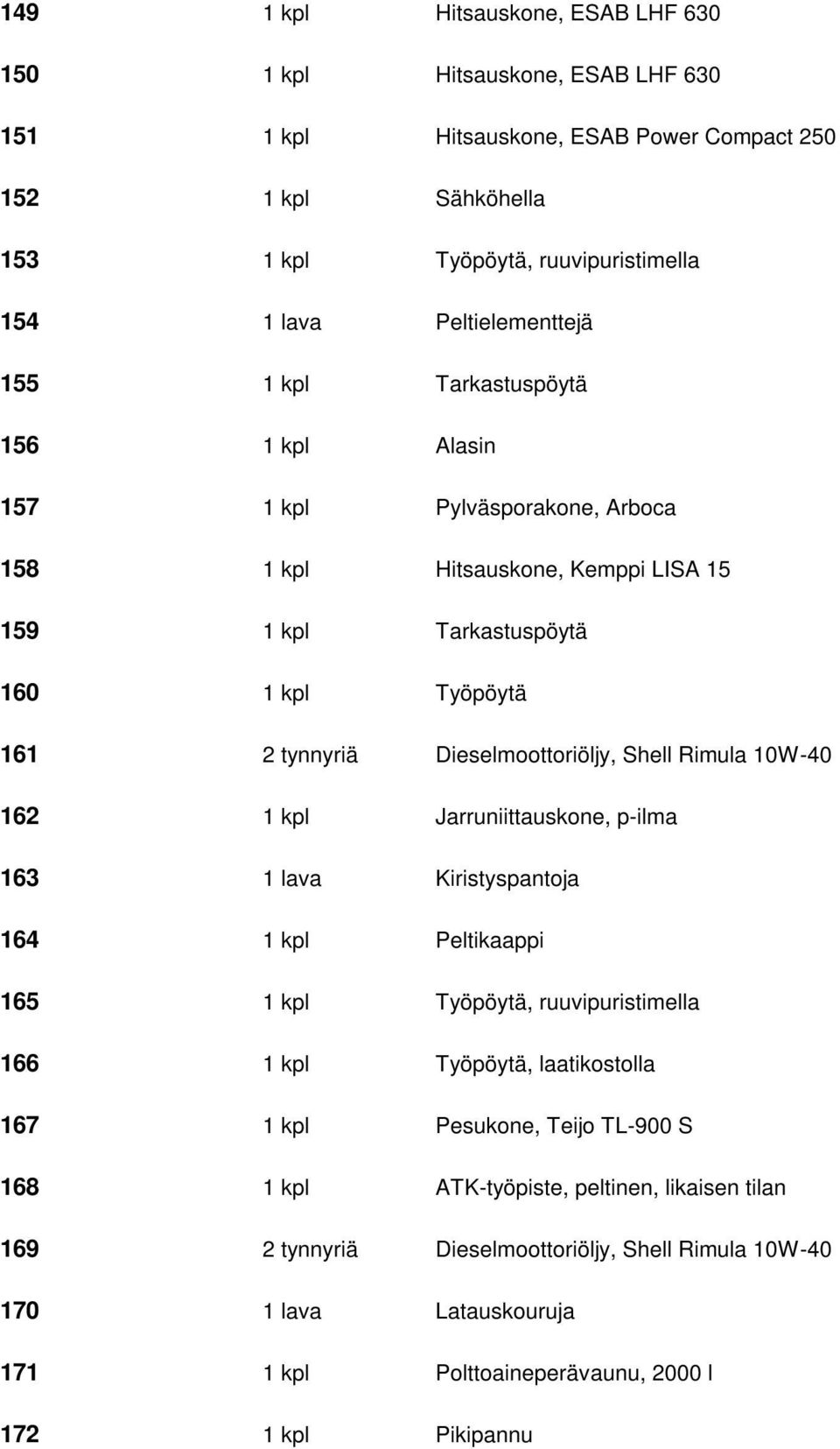 Dieselmoottoriöljy, Shell Rimula 10W-40 162 1 kpl Jarruniittauskone, p-ilma 163 1 lava Kiristyspantoja 164 1 kpl Peltikaappi 165 1 kpl Työpöytä, ruuvipuristimella 166 1 kpl Työpöytä, laatikostolla