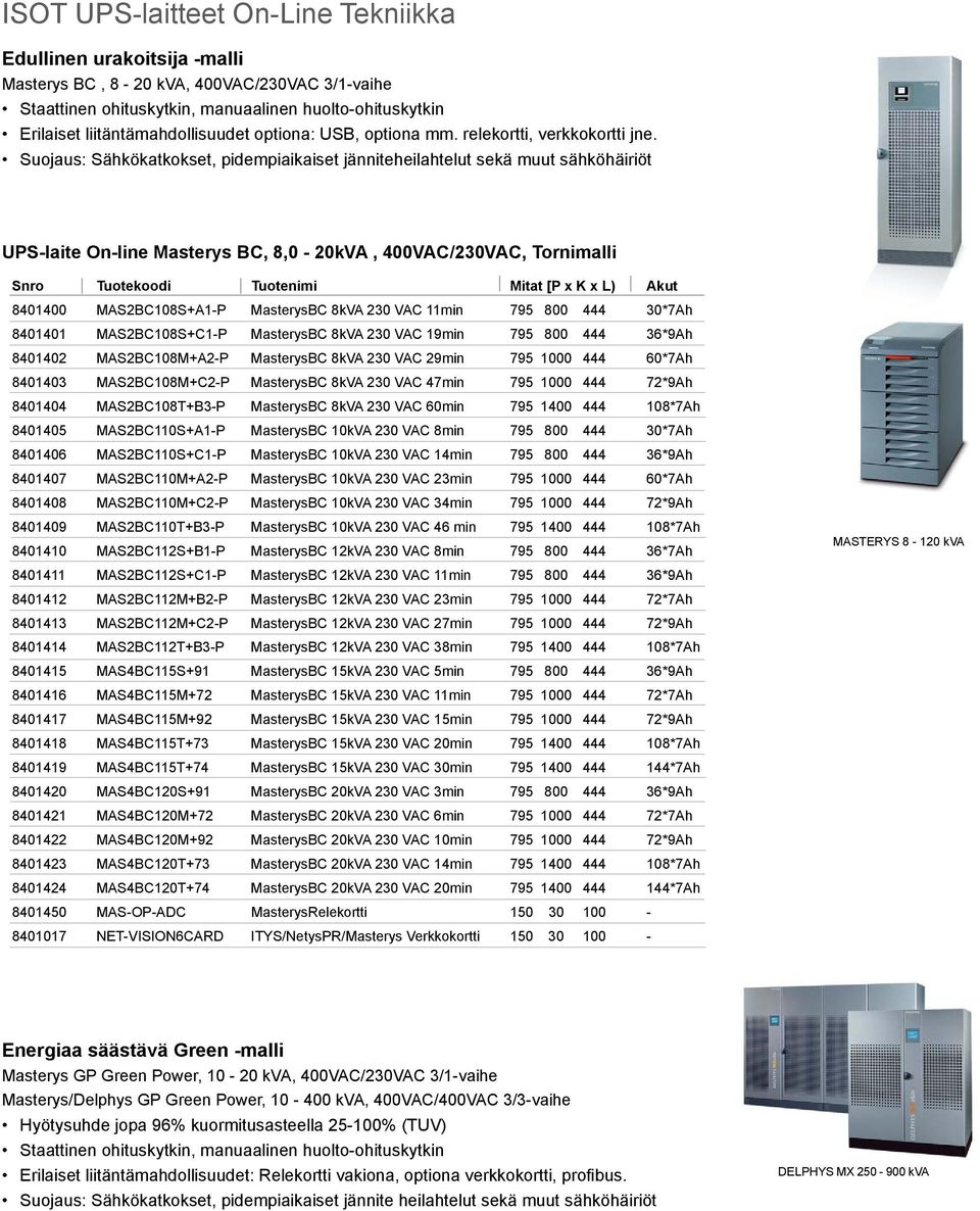 Suojaus: Sähkökatkokset, pidempiaikaiset jänniteheilahtelut sekä muut sähköhäiriöt UPS-laite On-line Masterys BC, 8,0-20kVA, 400VAC/230VAC, Tornimalli 8401400 MAS2BC108S+A1-P MasterysBC 8kVA 230 VAC