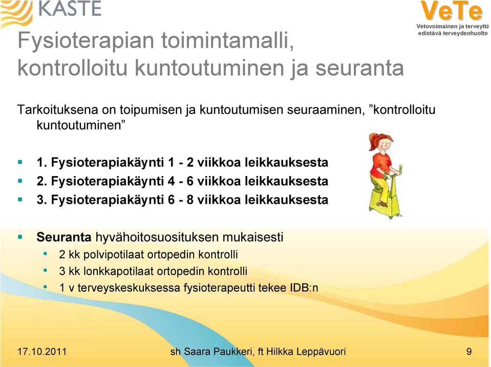 Fysioterapiakäynti 6-8 viikkoa leikkauksesta Seuranta hyvähoitosuosituksen mukaisesti 2 kk polvipotilaat ortopedin kontrolli 3 kk