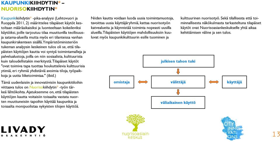 Ympäristöministeriön tukeman analyysin keskeinen tulos oli se, että tilapäisten käyttöjen kautta voi syntyä toimintamalleja ja palvelualustoja, joilla on niin sosiaalista, kulttuurista kuin