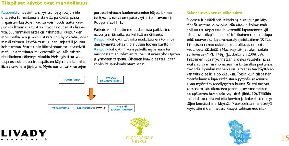 Suurimmaksi esteeksi hahmottui kaupunkien monimutkainen ja osin ristiriitainen byrokratia, jonka minkä tahansa käytön vastuullinen järjestäjä joutuu kohtaamaan.