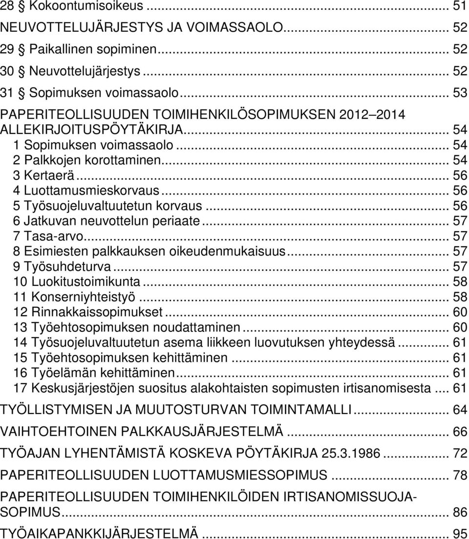 .. 56 5 Työsuojeluvaltuutetun korvaus... 56 6 Jatkuvan neuvottelun periaate... 57 7 Tasa-arvo... 57 8 Esimiesten palkkauksen oikeudenmukaisuus... 57 9 Työsuhdeturva... 57 10 Luokitustoimikunta.