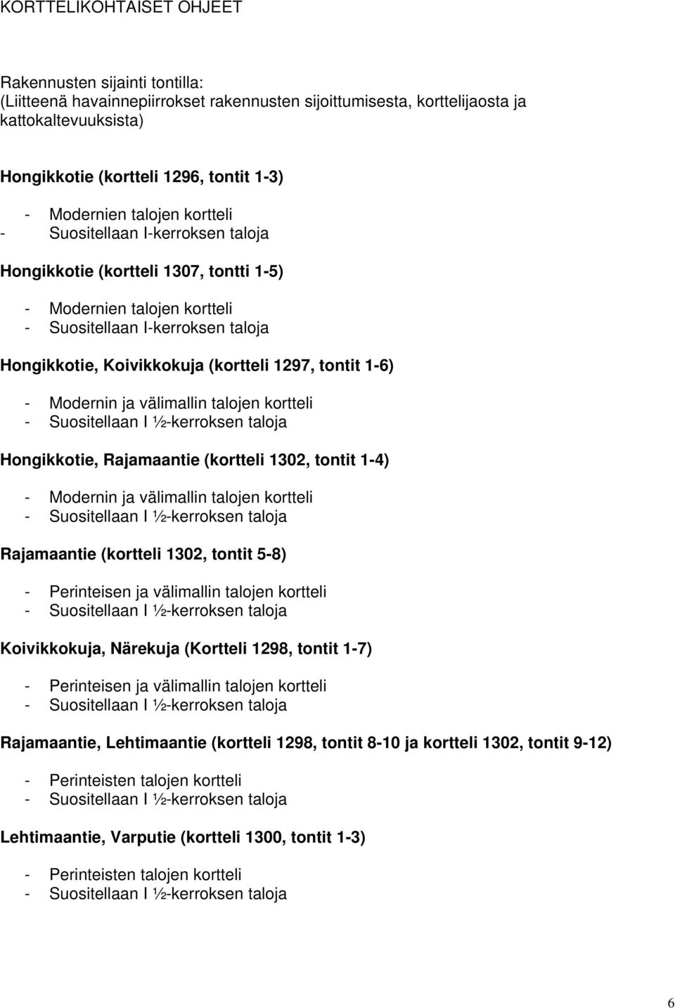 1297, tontit 1-6) - Modernin ja välimallin talojen kortteli Hongikkotie, Rajamaantie (kortteli 1302, tontit 1-4) - Modernin ja välimallin talojen kortteli Rajamaantie (kortteli 1302, tontit 5-8) -